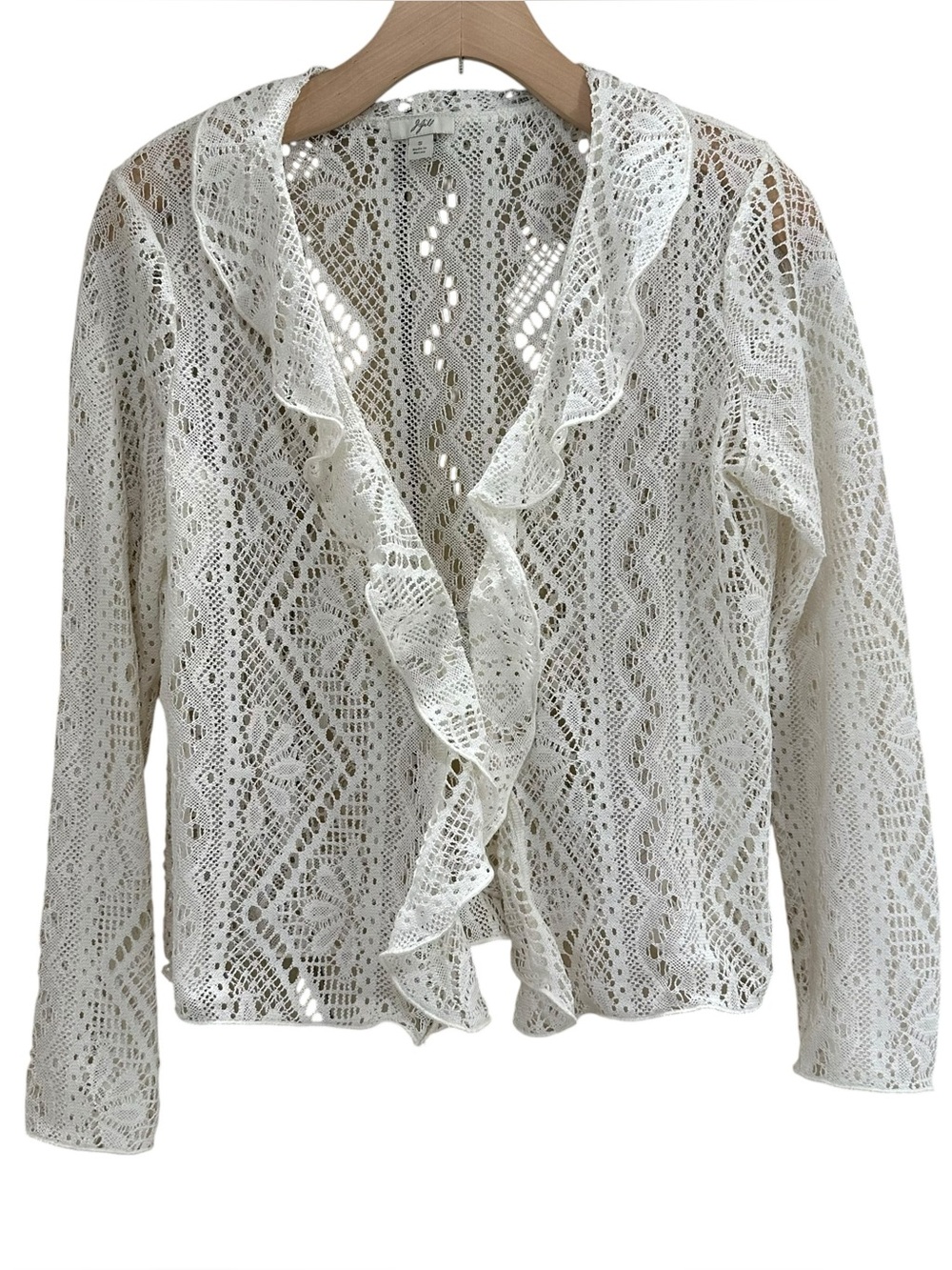 J. Jill Ivory Winter White Long Sleeve Ruffle Front Crochet Lace Cardigan Small